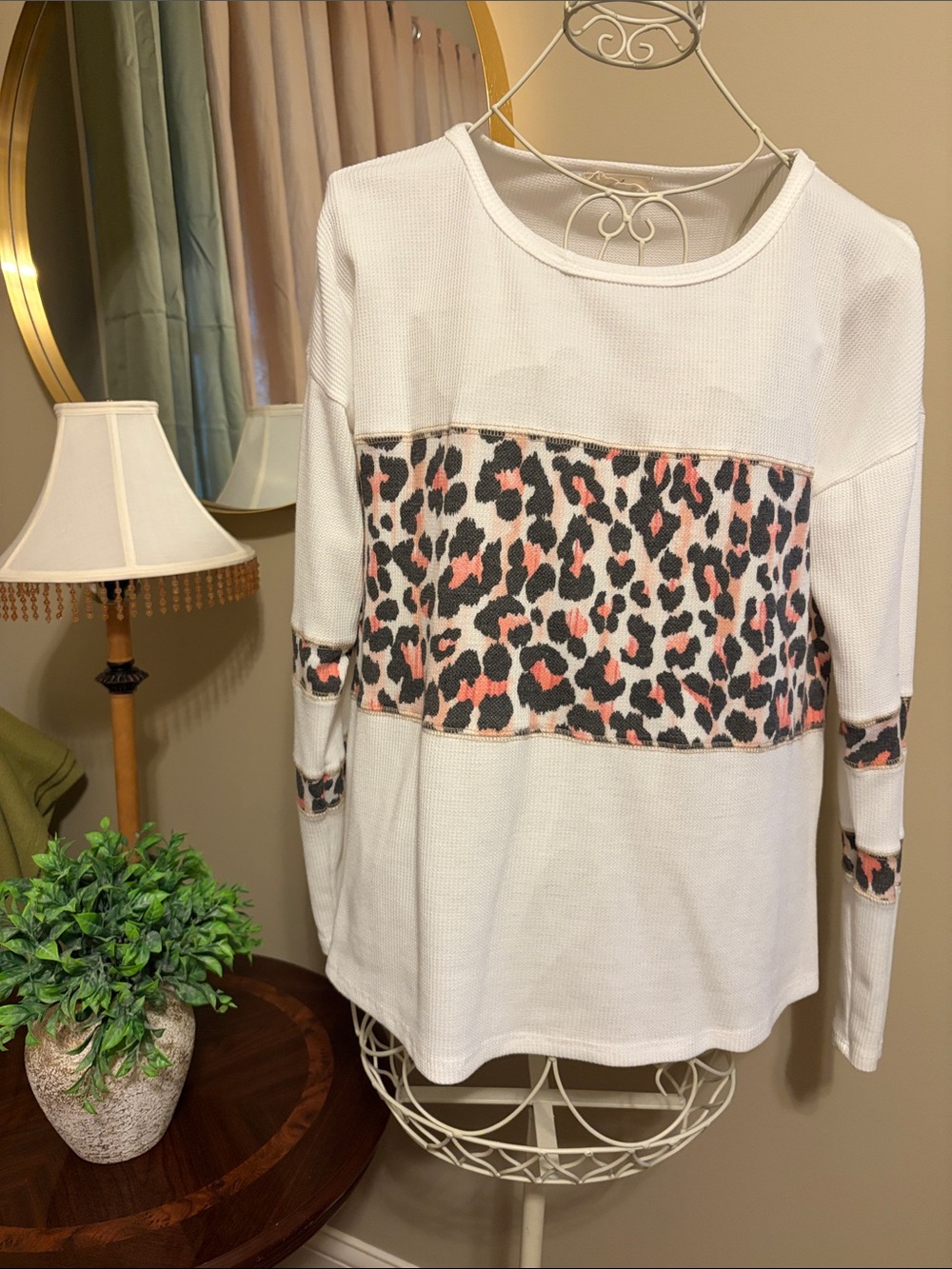 Women’s Cream Long-Sleeve Top with Pink Leopard Accent